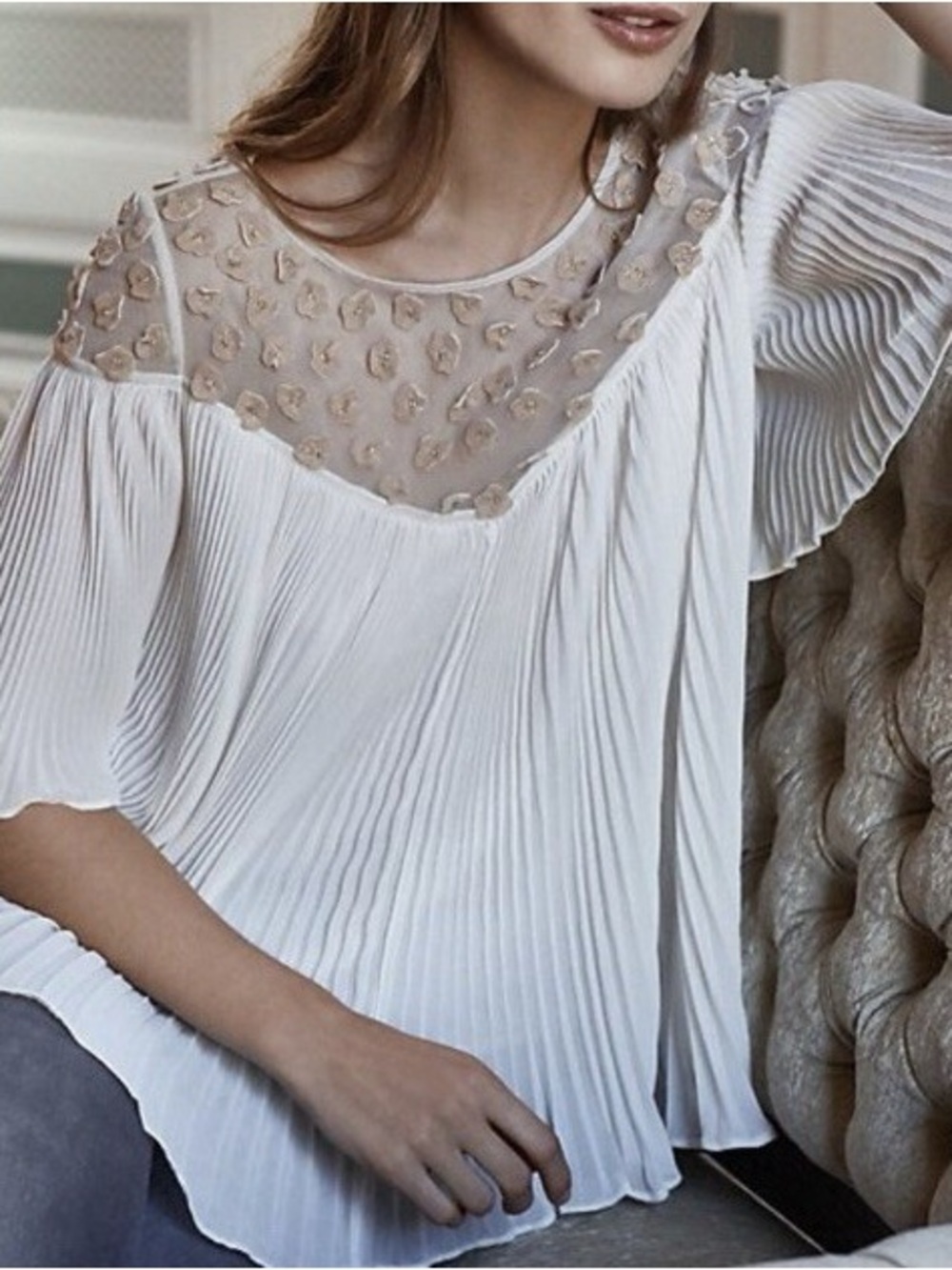 Anthropologie Floreat Cream Floral Applique Accordion Pleated Sheer Top